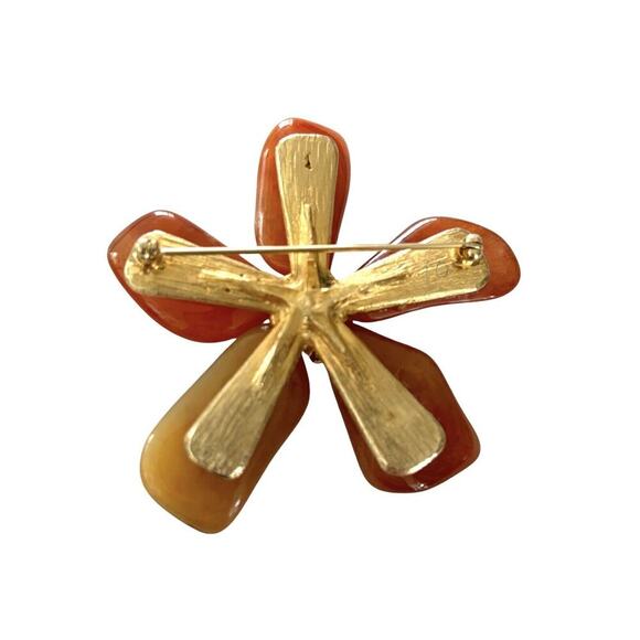 Orange Carnelian Flower Brooch Pin Faux Pearl Center Vintage Jewelry 3” MCM - Picture 2 of 8